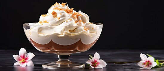 Delicious magnolia dessert in glass bowl, close up. - Powered by Adobe