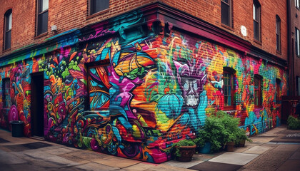 Naklejka premium Vibrant colored graffiti mural illuminates modern cityscape at night generated by AI