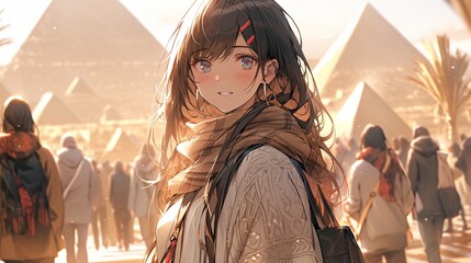 ［AI生成画像］中東を旅する少女、ピラミッド4