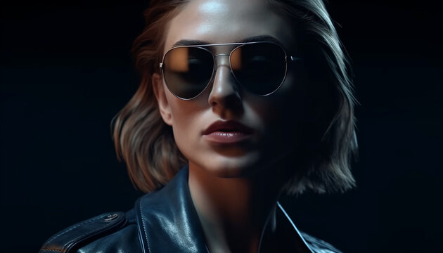 Beautiful young woman exudes confidence in fashionable sunglasses and leather jacket generated by AI