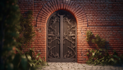 Fototapeta na wymiar Old brick building with Christian arch entrance and nature background generated by AI