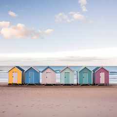 Row of beach huts in pastel colors lining a sandy shore