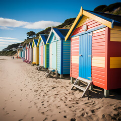 Row of beach huts painted in cheerful colors along a sandy shore