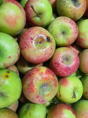 Close up pile of tasty fresh apples sold at the market as a background.