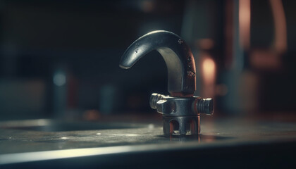 Shiny stainless steel faucet drops fresh water in modern kitchen sink generated by AI - obrazy, fototapety, plakaty