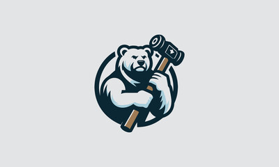 bear hold hammer vector illustration logo design - obrazy, fototapety, plakaty