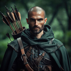 outlaw or hero this medieval fantasy forest ranger is ready with bow and arrows - obrazy, fototapety, plakaty