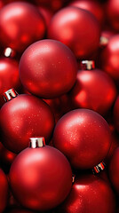 Christmas red baubles closeup. Abstract holiday decor background