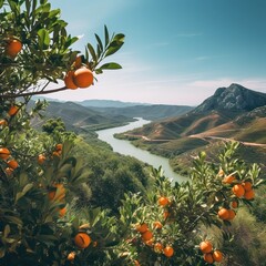 
Orange trees on the mountain, river in the distance, daytime landscape
