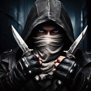 fantasy dark robed ninja assassin with sharp knives