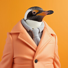 Fashion penguin in jacket. Trendy color of the year 2024 Peach Fuzz