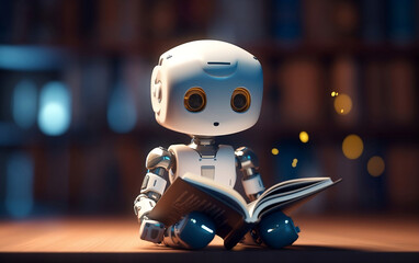 Cute android robot reads the book in the dark library