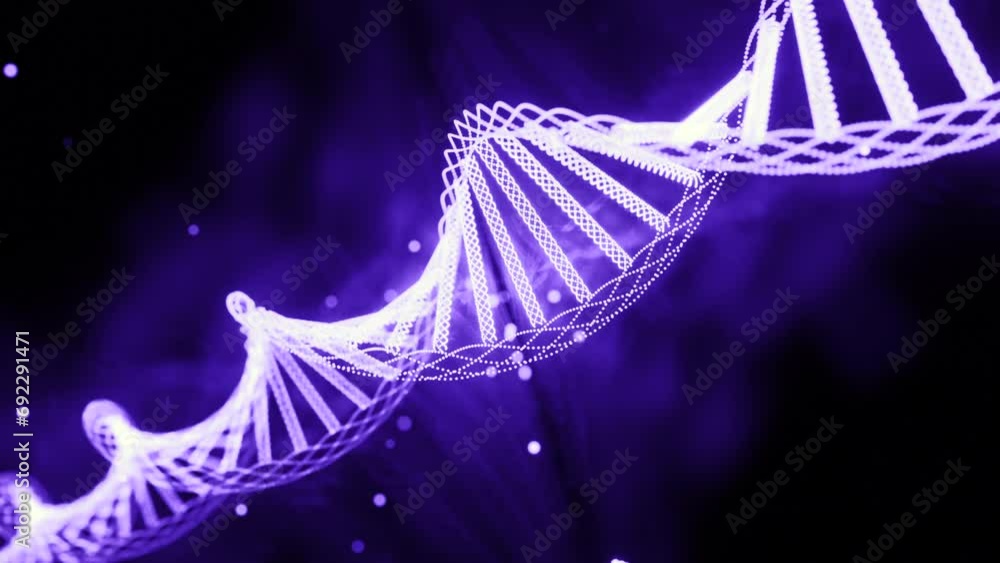Poster rotating luminous spiral of dna. design. virtual chains of dna and genes in rotating spiral. beautif