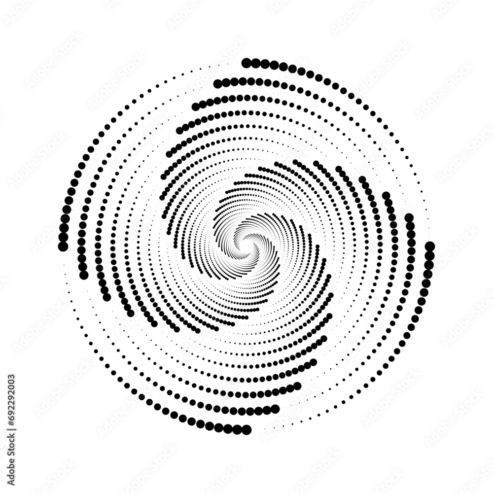 Aufkleber dotted spiral lines element. radial spinning halftone texture. circle swirl dots shape. abstract geo