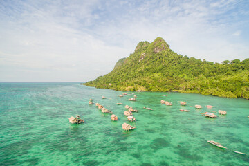Beautiful aerial view borneo sea gypsy water village in Mabul Bodgaya Island, Malaysia.