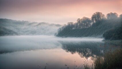 Fototapeta premium Misty Dawn: Serene Lake Enveloped in Ethereal Morning Fog