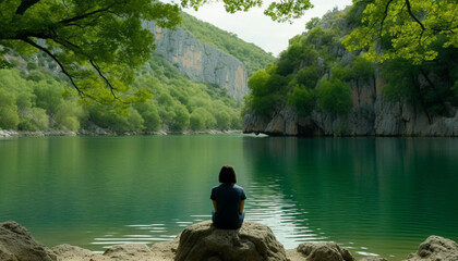 Obraz premium One person meditating, standing on rock, reflecting on serene nature generated by AI