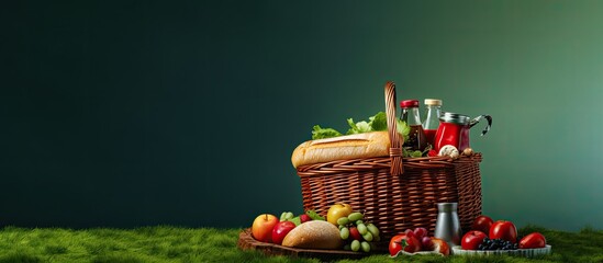 Food-filled picnic basket on lush green grass.