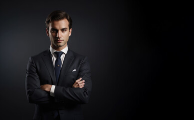 Successful young businessman with crossed arms in magnificent suit stands on dark background. portrait of charismatic billionaire - obrazy, fototapety, plakaty