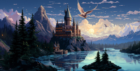castle in the mountains, picture in the Hogwarts style the main elements, landscape with church and...