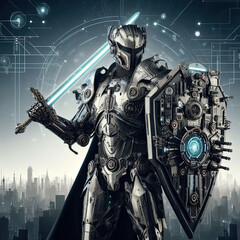 futuristic robotic knight in a science fistion world - 692294047