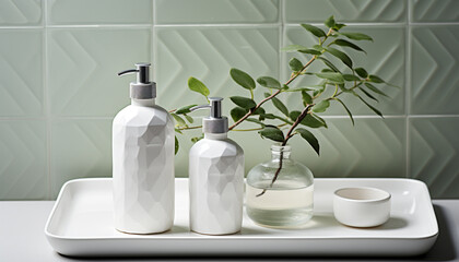 Fototapeta na wymiar Clean, fresh bathroom with modern glass soap dispenser generated by AI