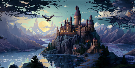castle in the mountains, picture in the Hogwarts style the main elements - obrazy, fototapety, plakaty