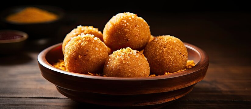 Indian sweet made of small fried gram flour balls soaked in sugar syrup and formed into balls, known as motichoor laddoo or Bundi laddu.