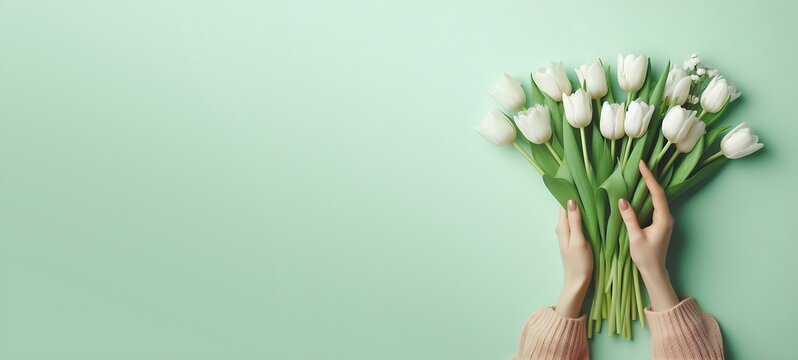 Beautiful white tulip in the hand of woman on green background, generative ai