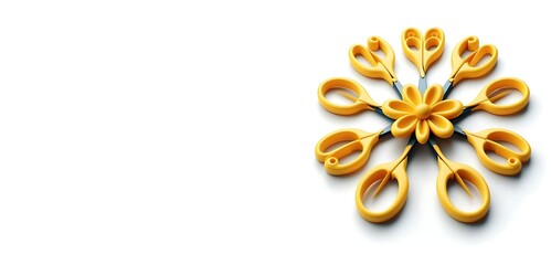 An isolated group of yellow scissors shaped like a flower on the white copy-space background.generative ai