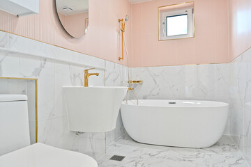 Bathroom with lovely pink tile interior