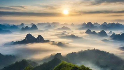 Foto auf Acrylglas Guilin Misty Sunrise over Guilin Mountains