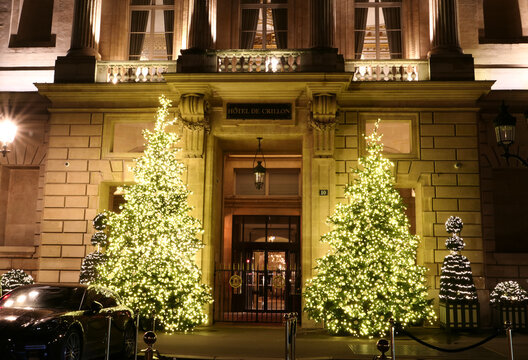 Paris, France. December 10. 2023. Luxury hotel De Crillon. Building dating from the 18th century located on Place de la Concorde.