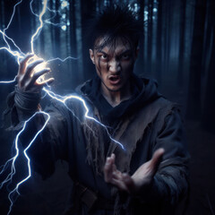 Fototapeta na wymiar angry male wizard casting a lightning spell in the middle of battle