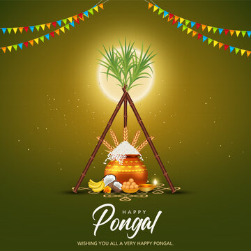 Tamil Nadu festival Happy Pongal with Pongal props, holiday Background, pongal celebration greeting card, vector illustration design.