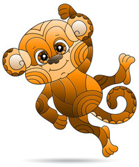 Illustrations in the style of stained glass with cute cartoon monkey, animal isolated on a white background, tone brown
