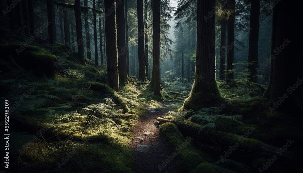 Poster tranquil scene of a mysterious forest with spooky fog generated by ai