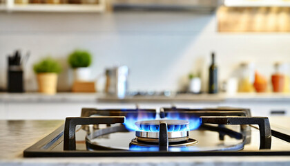 gas stove with flame in modern kitchen