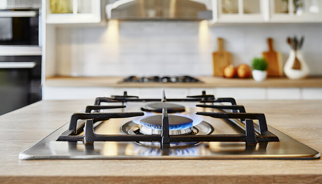 gas stove with flame in modern kitchen