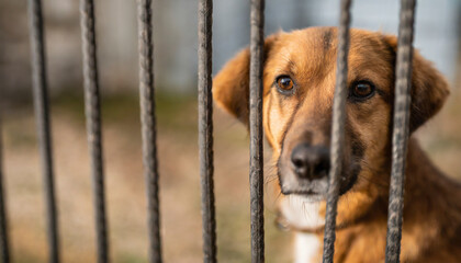 Sad dog behind the bars of an animal shelter