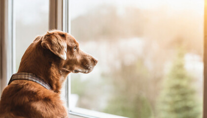 Portrait of a dog looking out the window with a sad expression