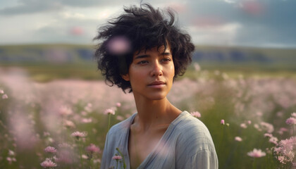 Young woman enjoying nature beauty in a meadow at sunset generated by AI