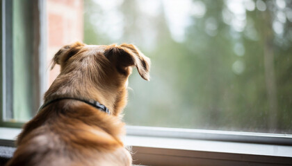 Dog looking out the window at home waiting for his owner