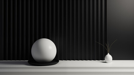 a white ball and podium and white vase 3d showcase with back background, abstract background, 3d illustration, generate ai