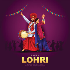 Happy Lohri festival of Punjab India background. group of people playing lohri dance. vector illustration banner design
