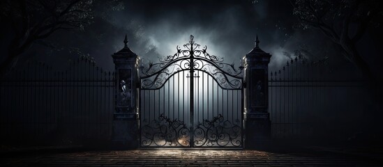 Dark gradient back with open wrought-iron gate at graveyard entrance.