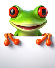 great 3d illustration of a funny red eyed tree frog with a sign for copy space