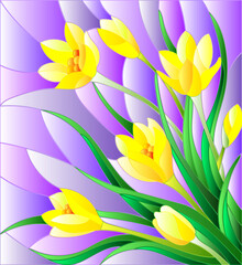 Illustration in stained glass style with bouquet of  yellow crocuses  on a purple background