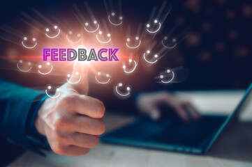 feedback customer service satisfaction survey concept, thumb up finger pressing on virtual screen...