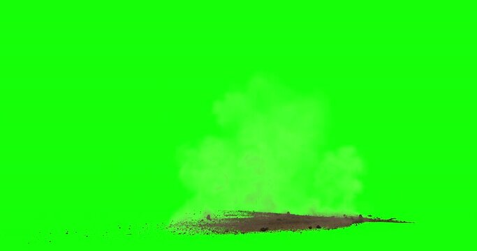 Bullet hit on dirt with chunks and debris flying. Dusty explosion on black background and green screen with alpha channel. Close up. Variations 